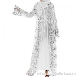 Women's Muslim Islamic Sequins Embroidered Sheer Lace Maxi Open Abaya Cardigan White B07P6ZJZVQ